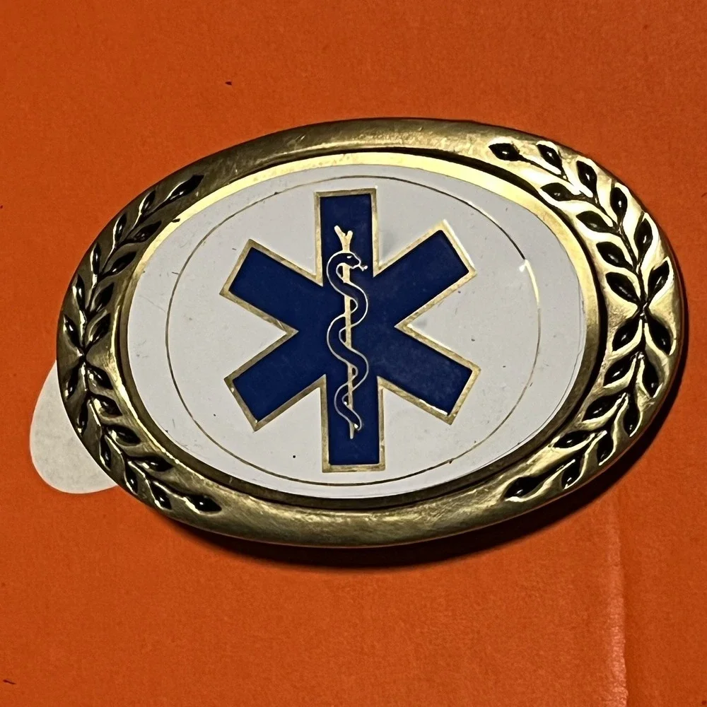 Vintage Solid Brass Star of Life EMS EMT Medical Belt Buckle Blue White Gold